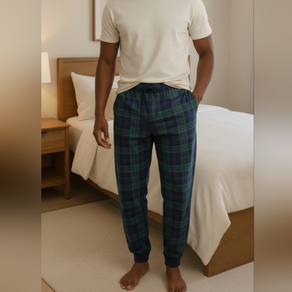 Lands' End Mens XL Cotton Jogger Plaid Pajama Pants, Slip On Lounge Bottoms
